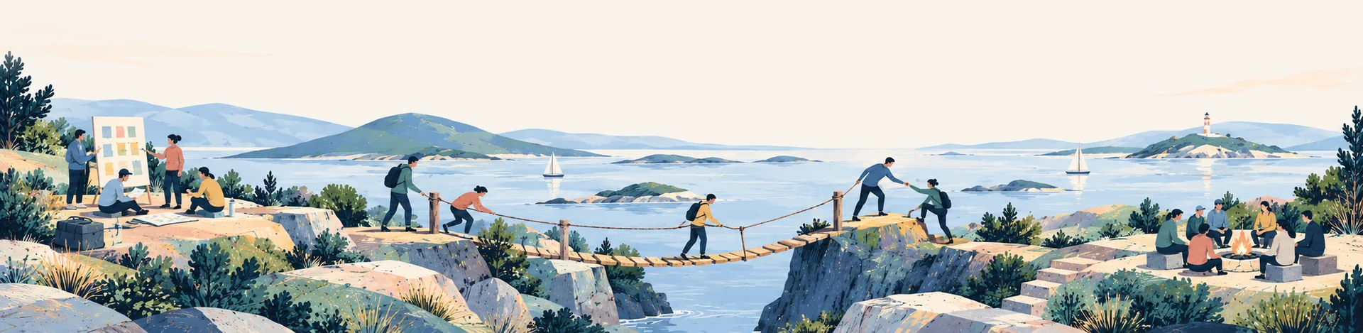 Illustration: Team überquert gemeinsam eine Hängebrücke an der Küste